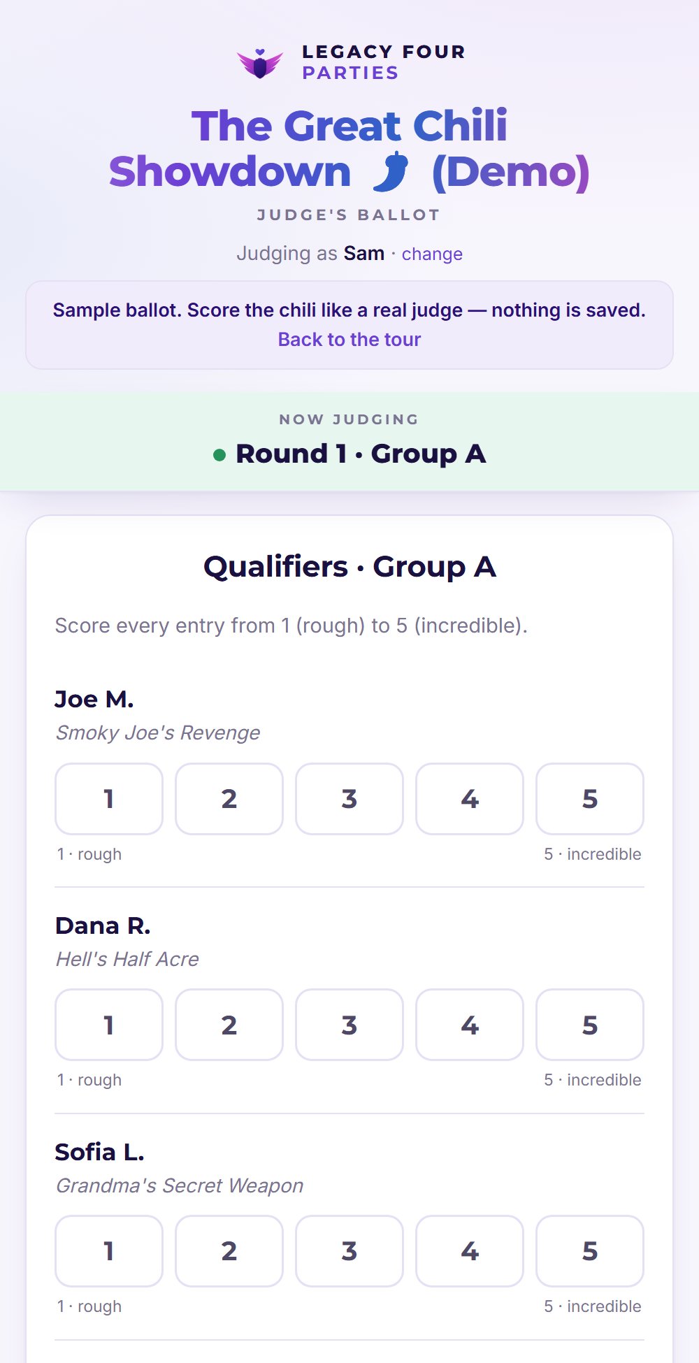 The judge's ballot: score each entry 1 to 5